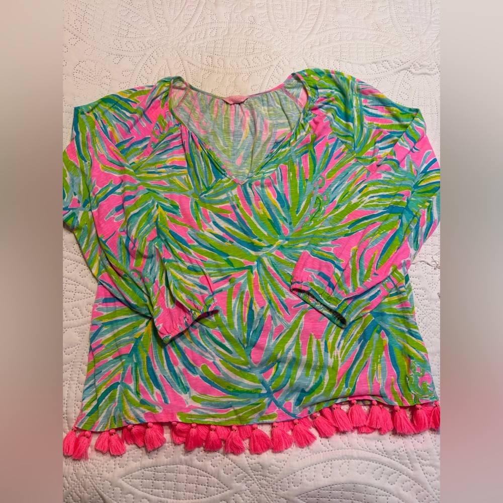 Lilly Pulitzer Pink and Green Leaf Print Long Sleeve Top